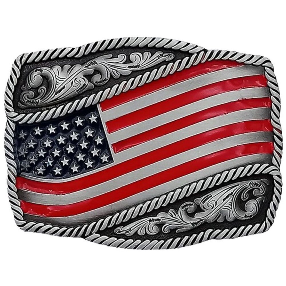 Men's Women's Unisex Patriotic American Flag Silver Tone Western Belt Buckle NWT